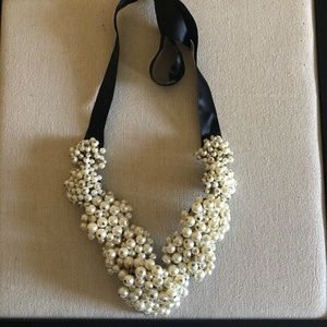 Large pearl clusters statement necklace with satin ribbon ties